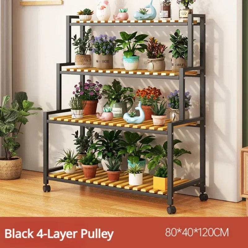 Multi-Layer Flower Rack Indoor And Outdoor Balcony Living Room Shelf With Wheel Floor Standing Storage Racks Metal Plant Stand