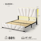 EnHomee Queen Bed Frame with Velvet Headboard and LED Lights, Storage Headboard with Charging Station, Bed Frame Queen Size with