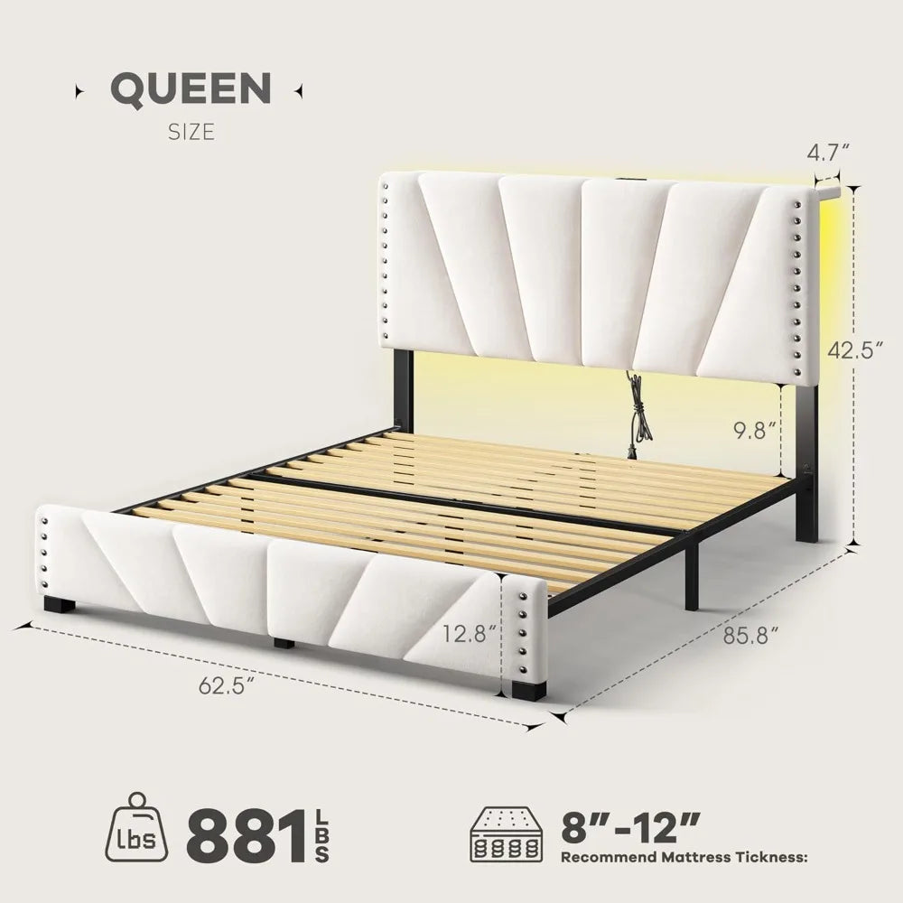 EnHomee Queen Bed Frame with Velvet Headboard and LED Lights, Storage Headboard with Charging Station, Bed Frame Queen Size with