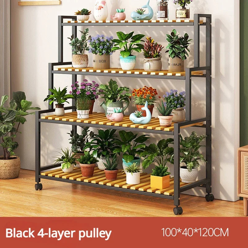 Multi-Layer Flower Rack Indoor And Outdoor Balcony Living Room Shelf With Wheel Floor Standing Storage Racks Metal Plant Stand