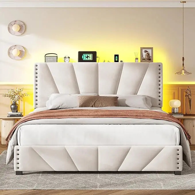 EnHomee Queen Bed Frame with Velvet Headboard and LED Lights, Storage Headboard with Charging Station, Bed Frame Queen Size with