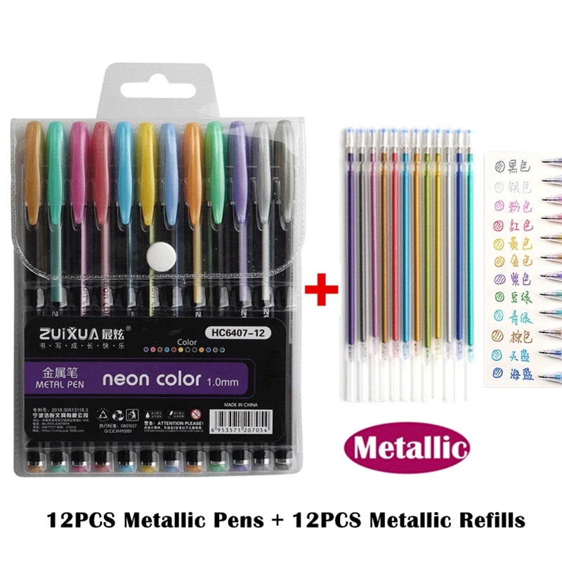 12/24Pcs Metallic Glitter Colors Gel Pens & Pen Refills For School Office Adult Coloring Book Journals Drawing Art Markers