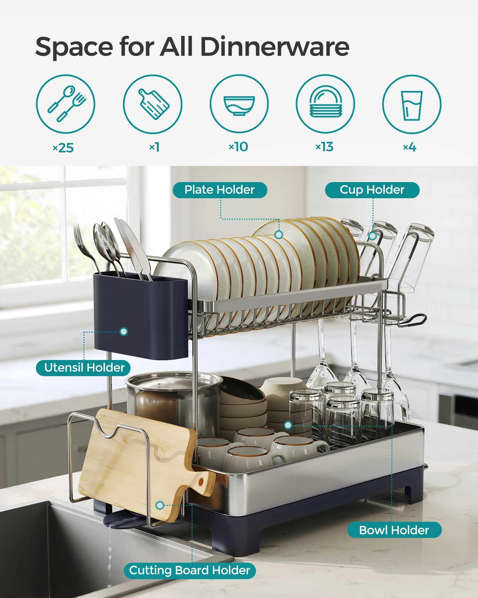 SONGMICS Dish Drying Rack - 2 Tier Dish Rack for Kitchen Counter with Rotatable and Extendable Drain Spout
