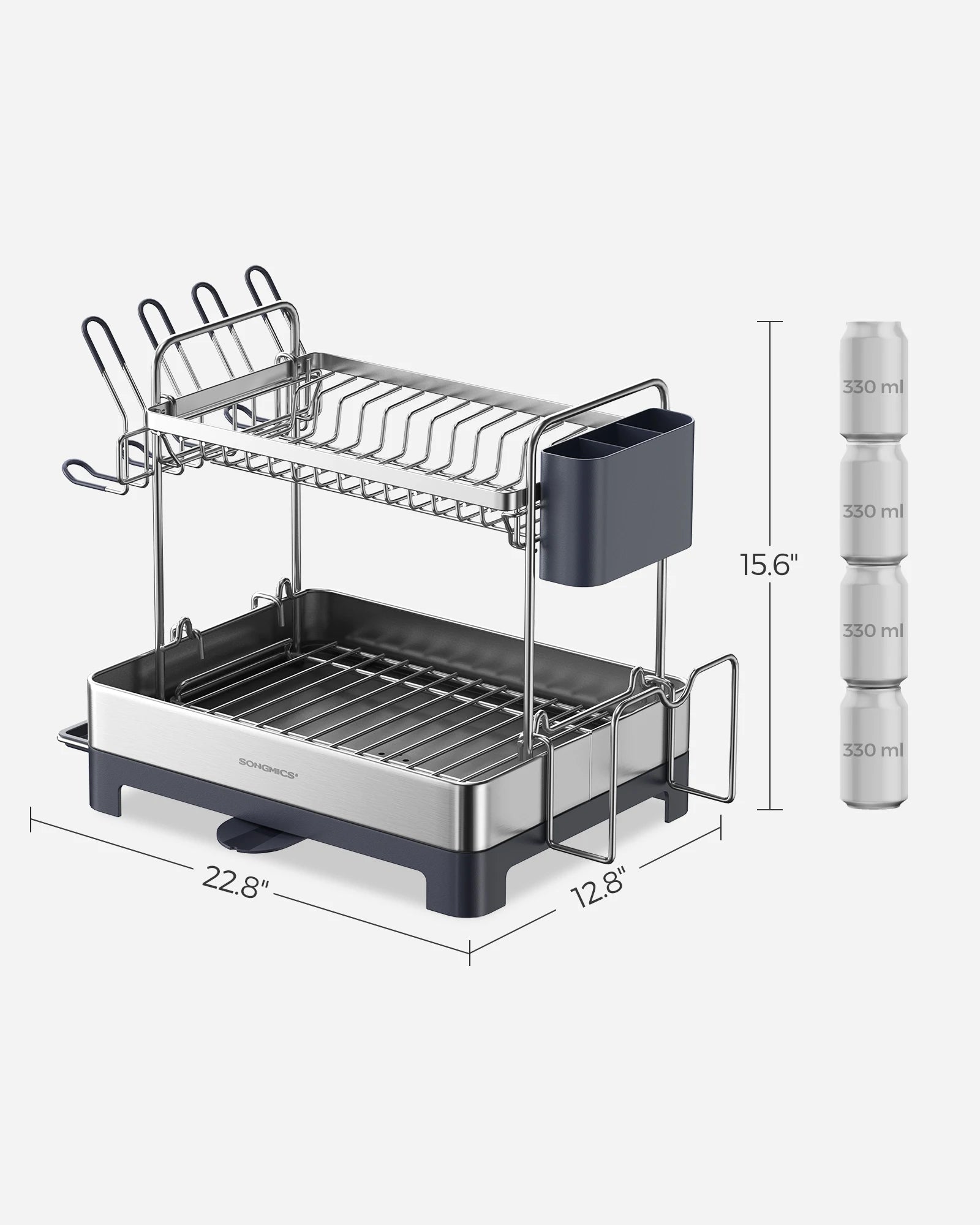 SONGMICS Dish Drying Rack - 2 Tier Dish Rack for Kitchen Counter with Rotatable and Extendable Drain Spout