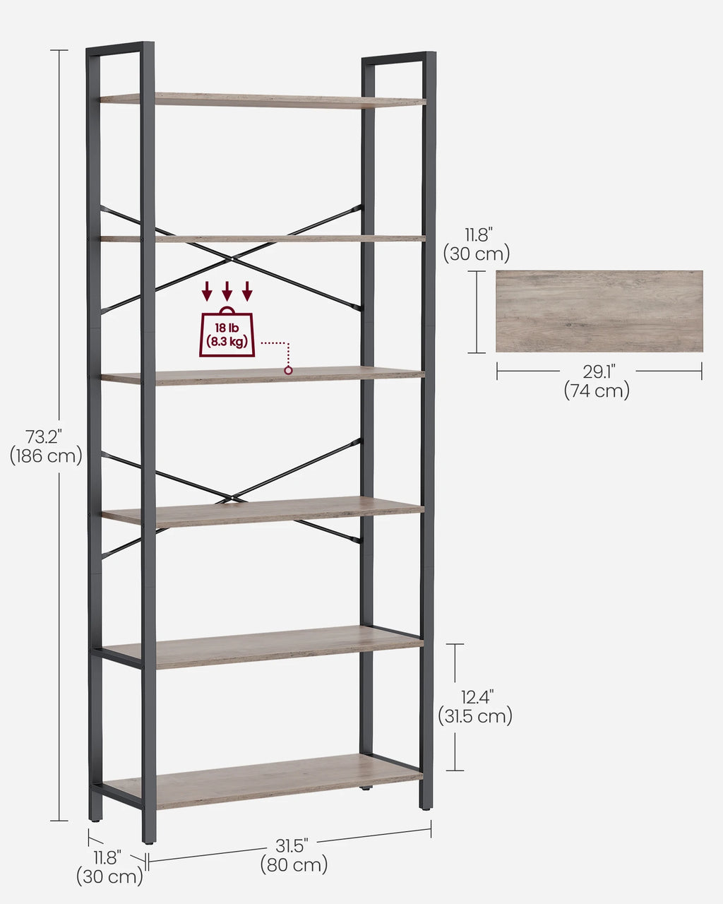 VASAGLE 6-Tier Tall Bookshelf, Large Bookcase, Steel Frame, Freestanding Shelf Unit for Living Room