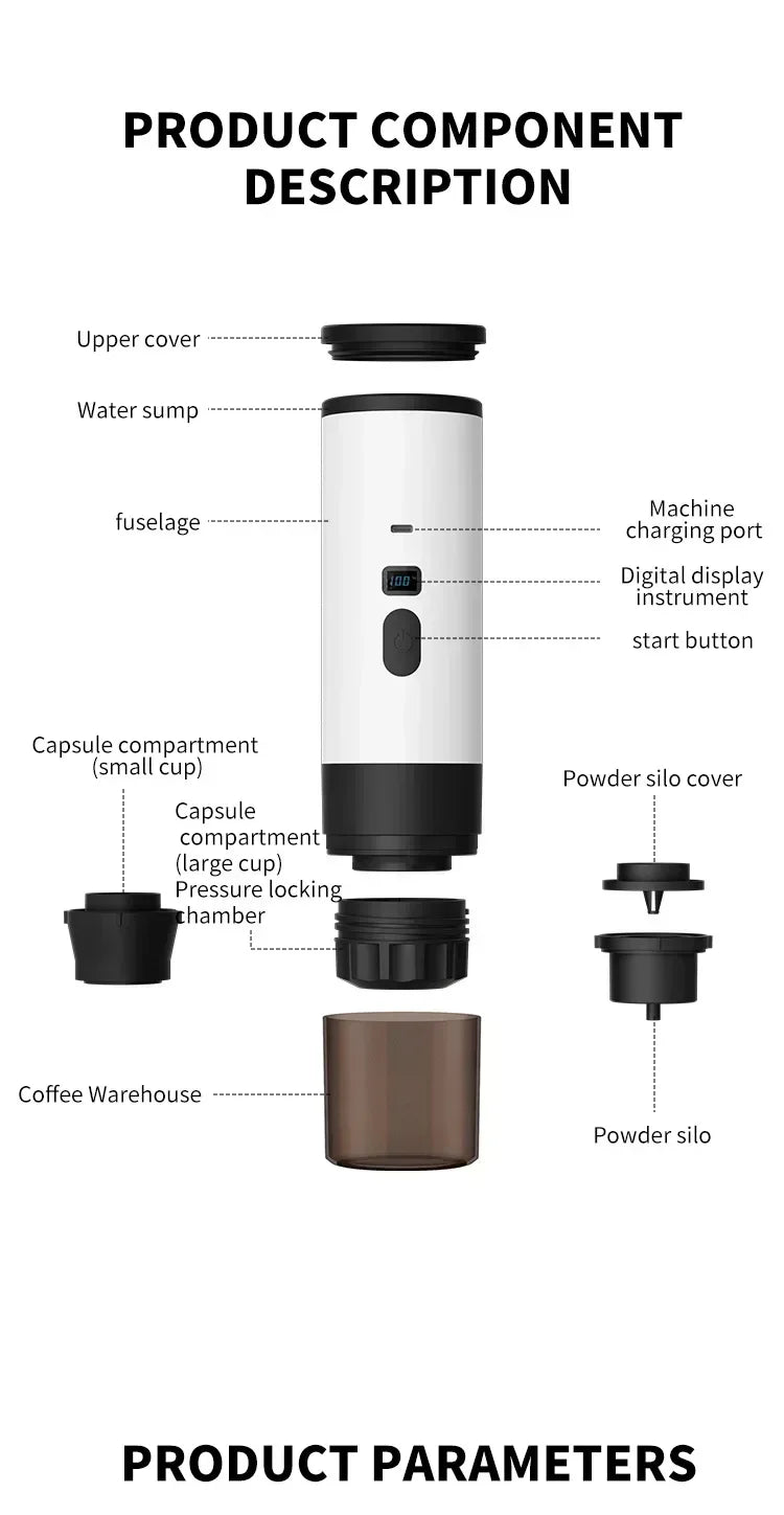 Portable Electric Coffee Maker 3-in-1 Capsule Coffee Grinder Travel Coffee Maker with Cordless Heating for Car and Home Camping