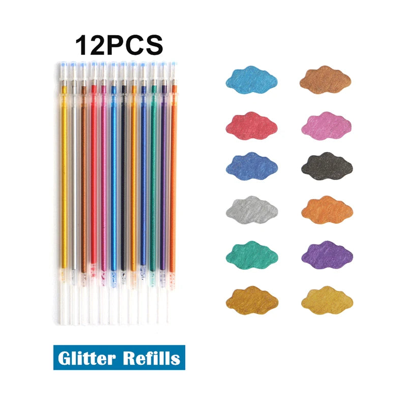 12/24Pcs Metallic Glitter Colors Gel Pens & Pen Refills For School Office Adult Coloring Book Journals Drawing Art Markers