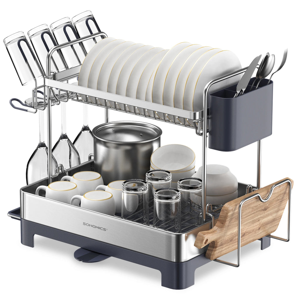 SONGMICS Dish Drying Rack - 2 Tier Dish Rack for Kitchen Counter with Rotatable and Extendable Drain Spout