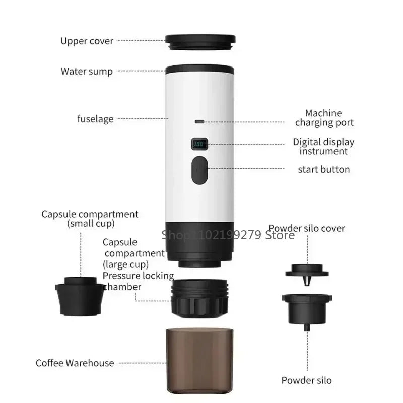 Portable Electric Coffee Maker 3-in-1 Capsule Coffee Grinder Travel Coffee Maker with Cordless Heating for Car and Home Camping