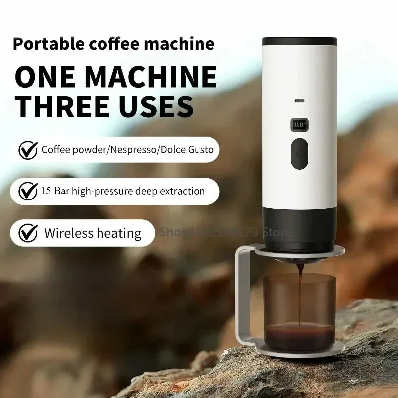 Portable Electric Coffee Maker 3-in-1 Capsule Coffee Grinder Travel Coffee Maker with Cordless Heating for Car and Home Camping