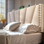 EnHomee Queen Bed Frame with Velvet Headboard and LED Lights, Storage Headboard with Charging Station, Bed Frame Queen Size with