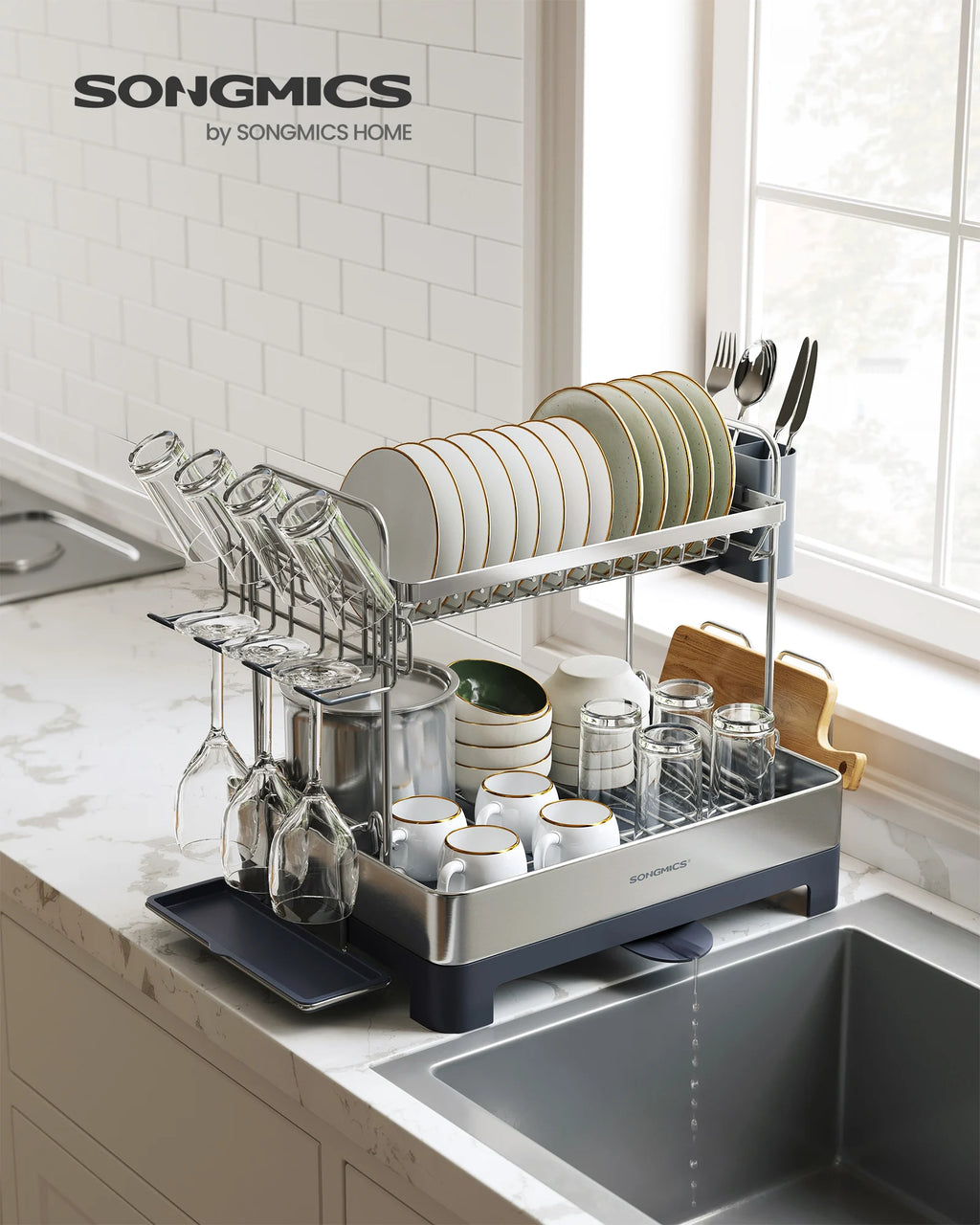 SONGMICS Dish Drying Rack - 2 Tier Dish Rack for Kitchen Counter with Rotatable and Extendable Drain Spout