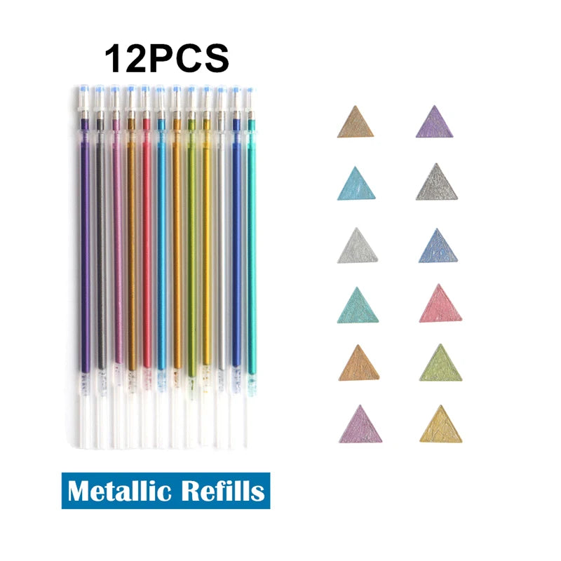 12/24Pcs Metallic Glitter Colors Gel Pens & Pen Refills For School Office Adult Coloring Book Journals Drawing Art Markers