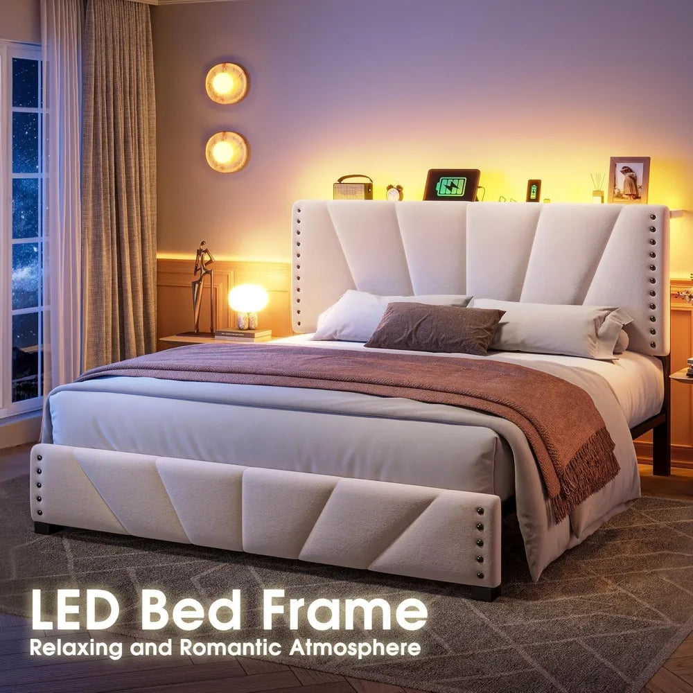 EnHomee Queen Bed Frame with Velvet Headboard and LED Lights, Storage Headboard with Charging Station, Bed Frame Queen Size with