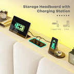 EnHomee Queen Bed Frame with Velvet Headboard and LED Lights, Storage Headboard with Charging Station, Bed Frame Queen Size with