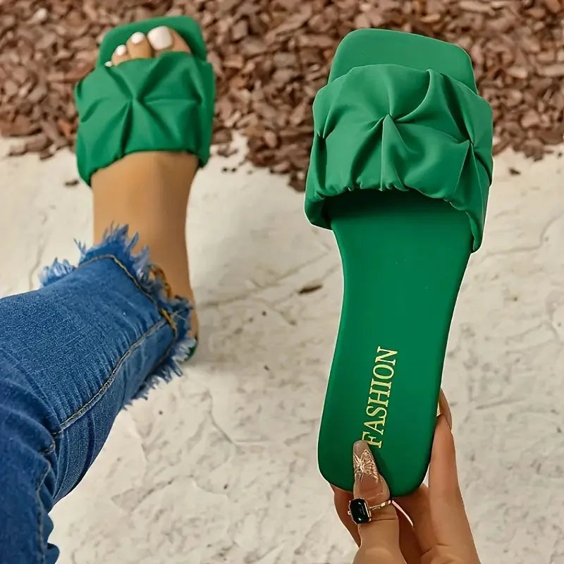 Summer Slippers for Women Flip Flops Flats  New Pleated Korean Slippers Women Sandals Green Slip on Shoes Plus Size 35-43