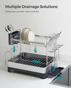 SONGMICS Dish Drying Rack - 2 Tier Dish Rack for Kitchen Counter with Rotatable and Extendable Drain Spout